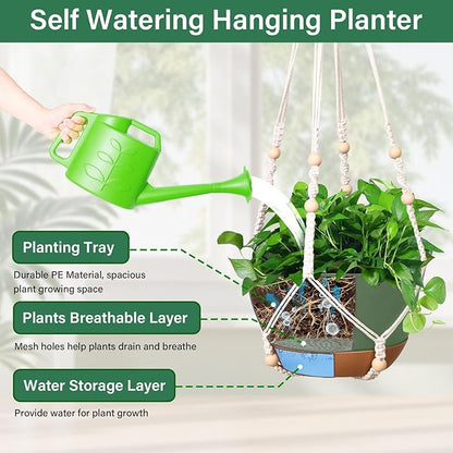 Hanging Planters for Indoor Plants, 2 Pack 8 Inch Self Watering Hanging Pots for Plants with Drainage Holes, Indoor Outdoor Hanging Flower Pots for Home Garden Ceiling Decor (Green)