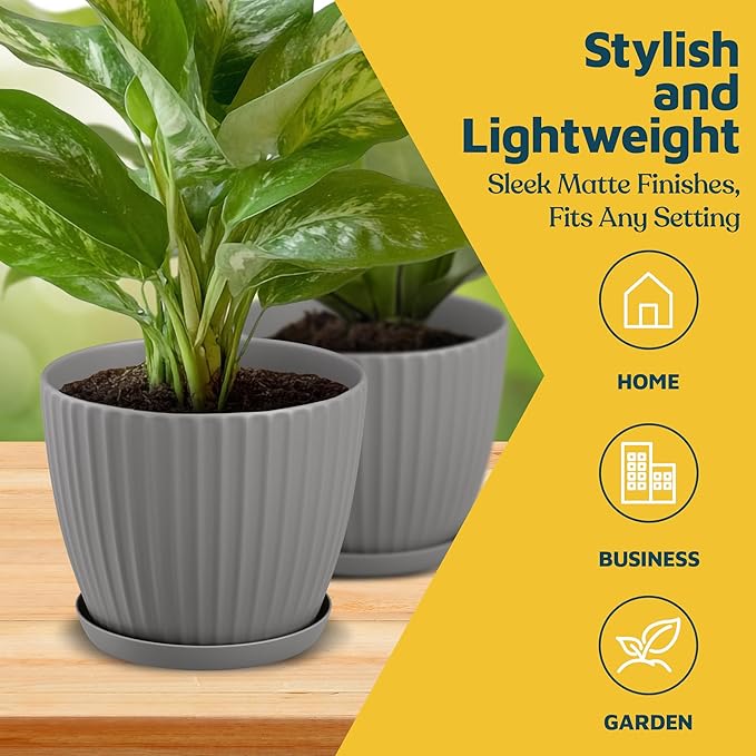 Gray 6-Inch Plant Pots with Drainage & Saucers 3 Pack, Indoor & Outdoor Planters for Houseplants, Herbs, and Flowers, Durable & Weatherproof Material, Stackable, Lightweight, Minimalist Design