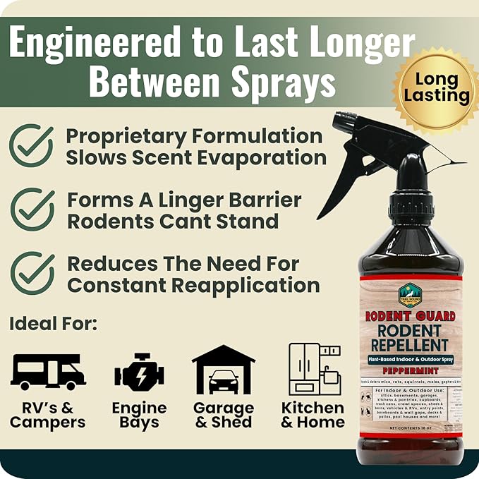Rodent Guard - Peppermint Oil Spray for Rodents - Natural Peppermint Rodent & Pest Control Spray - Plant-Based Indoor & Outdoor Mouse Spray - Safe Around Pets & Kids - Repels All Rodents 16oz
