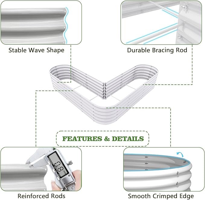 A ANLEOLIFE 6-Piece 18 Inch Tall Antique White Raised Garden Beds Kit, Heart-Shaped & Long Oval Planters for Custom Decorative Gardens.