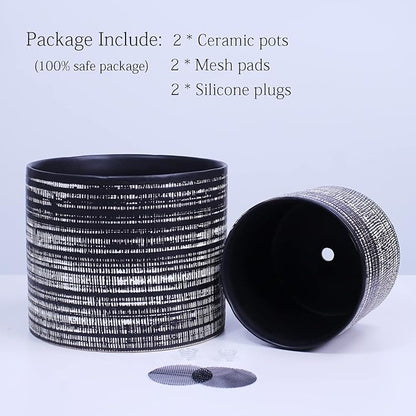Plant Pots Indoor 2 Pack, 5 & 7 Inch Ceramic Planter Pots with Drainage Hole, Set of 2 Flower Pots - Herbs/Snake/Succulent/Orchid Cylinder Plant Pot(Black)