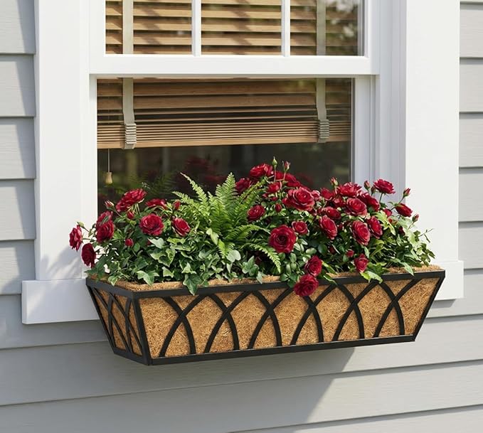 24 Inch Window Deck with Coco Liner, 24" Window Boxes Horse Trough with Coconut Coir Liner, Fence Metal Hanging Flower Planter Window Basket Deck Railing Planter Boxes for Outdoor Garden Lawn, 2pcs