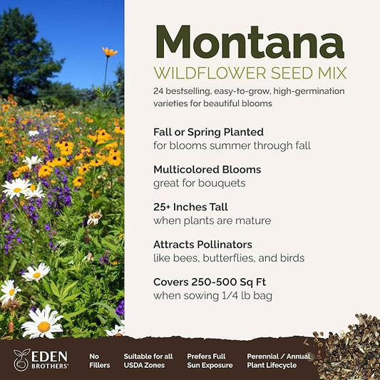 Eden Brothers Montana Wildflower Mixed Seeds for Planting, 1/4 lb, 120,000+ Seeds with Foxglove, Bluebell | Attracts Pollinators, Plant in Spring or Fall, Zones