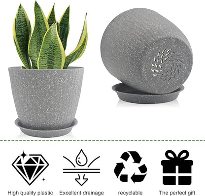 8/7/6 inch Plant Pots, 3 Pack Flower Pots for Outdoor Indoor Garden Plants, Large Planters with Multi Mesh Drainage Holes and Saucer (Speckled Grey, 8"+7"+6")