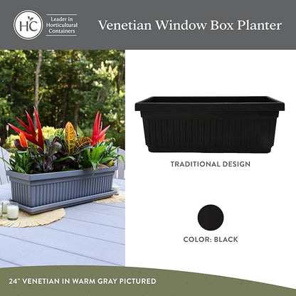 The HC Companies Venetian Window Planter Box w/Drain Plug - Long Planter Box for Windowsills, Balconies & More - Plastic Large Rectangular Outdoor Planters for Herbs & Flowers (30" Black, Pack of 1)