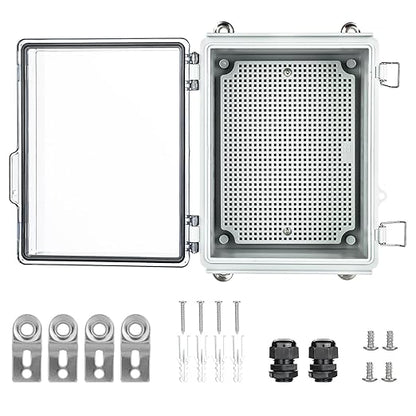 Waterproof Electrical Junction Box，IP67 Waterproof Clear ABS Plastic Enclosure Boxes for Outdoor Network Enclosure with Hinged Cover, Mounting Plate, Wall Brackets, Cable Glands (11.4"x7.5"x5.5")