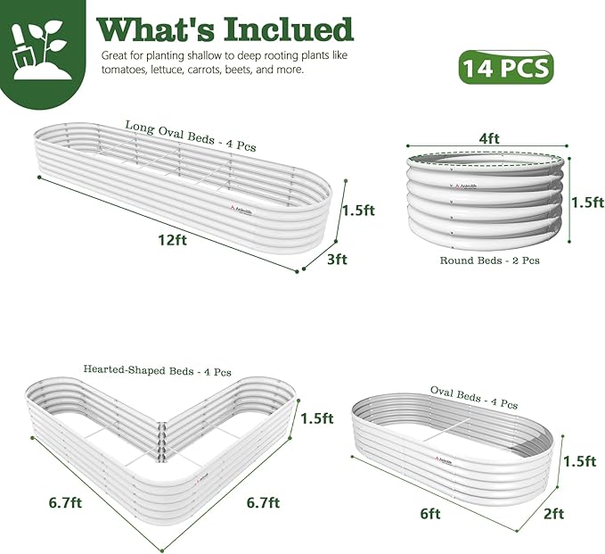 A ANLEOLIFE 14-Piece 18 Inch Tall Raised Garden Beds Kit, Heart-Shaped, Long Oval & Round Metal Planters – Ideal for Creative Garden Layouts, Antique White