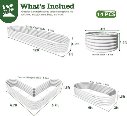 A ANLEOLIFE 14-Piece 18 Inch Tall Raised Garden Beds Kit, Heart-Shaped, Long Oval & Round Metal Planters – Ideal for Creative Garden Layouts, Antique White
