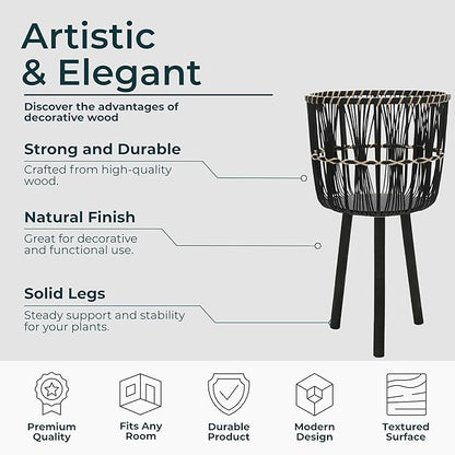 Set of 3 Woven Basket Decorative Planter Pot – Bamboo & Pine Wood Outdoor & Indoor Plant Pot – Modern Boho Garden and Home Decor Planters – 19", 23", & 26", Black