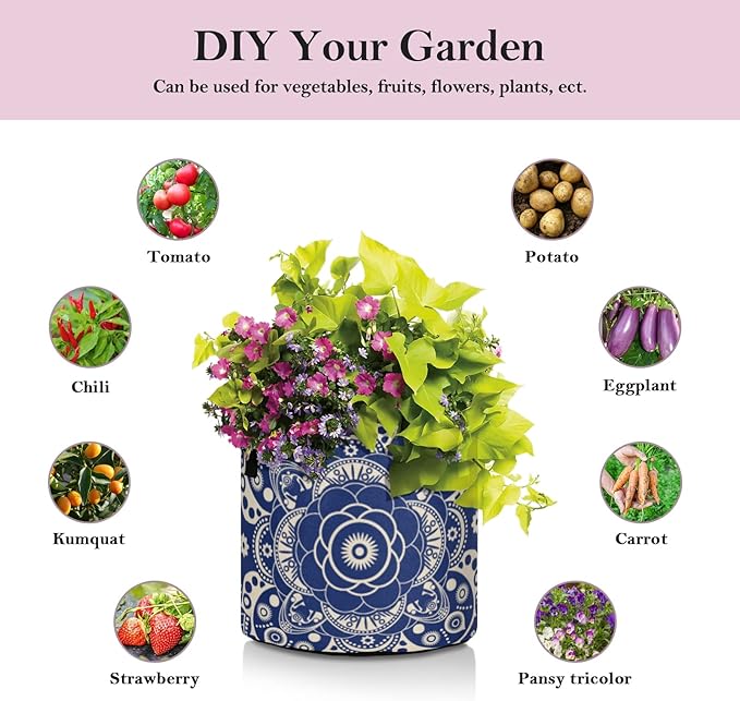 ALAZA Blue Mandala Pattern Plant Grow Bag 7 Gallon,Round Fabric Plants Pots with Handle for Vegetable Flower Garden Home Decor