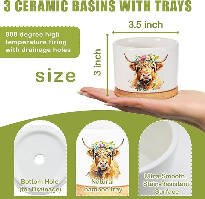 Highland Cow Planters for Indoor Plants – 1350°C Kiln-Fired Fine Ceramic Succulent Planter Set of 3, Cute Animal Pots for Room, Bathroom, Yoga, Meditation Decor (No Plant Included)
