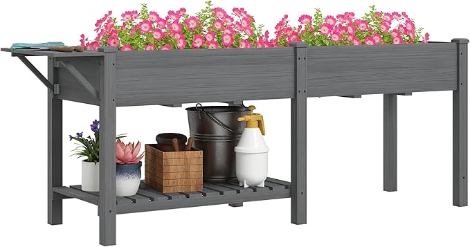 Outsunny Raised Garden Bed, Wood Elevated Planter Box with Side Table, Bottom Shelf, Outdoor Raised Planter with Bed Liners, Drainage Holes for Vegetable Flower, 81.5 x 23 x 31 in, Gray