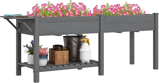 Outsunny Raised Garden Bed, Wood Elevated Planter Box with Side Table, Bottom Shelf, Outdoor Raised Planter with Bed Liners, Drainage Holes for Vegetable Flower, 81.5 x 23 x 31 in, Gray