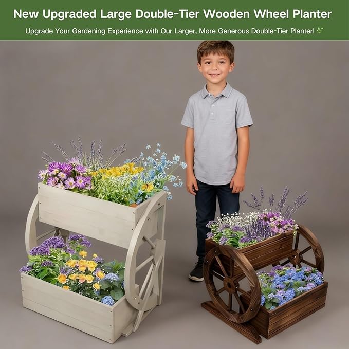 Wooden Wagon Planter Box,2-Tier Flower Pot with Wheels for Indoor & Outdoor,Rustic Garden Decor for Patio/Garden/Balcony,Gray,22.04x22.04x21.65in