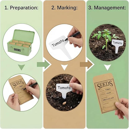Seed Storage Organizer Box with 4 Compartments, Large Metal Seed Packet Container with Lid & Safety Locks, Garden Seed Bin for Saving Seeds with 50 Plant Labels, 20 Envelopes
