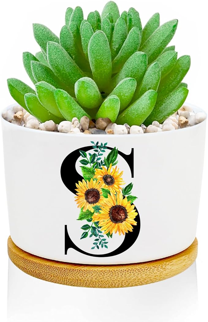 Sunflower Succulent Plant Pots 3 Inch Ceramic Cactus Flower Pots Personalized Initials S Sunflower Gifts for Women Mom Sister,Birthday Housewarming,Wedding,Window Garden Desk Decor