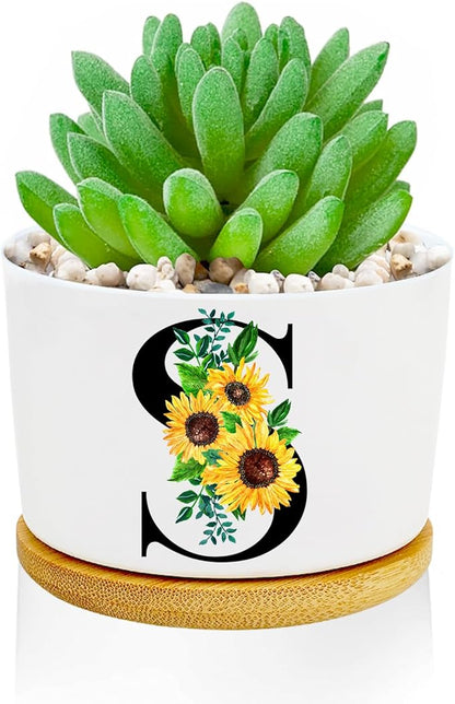 Sunflower Succulent Plant Pots 3 Inch Ceramic Cactus Flower Pots Personalized Initials S Sunflower Gifts for Women Mom Sister,Birthday Housewarming,Wedding,Window Garden Desk Decor