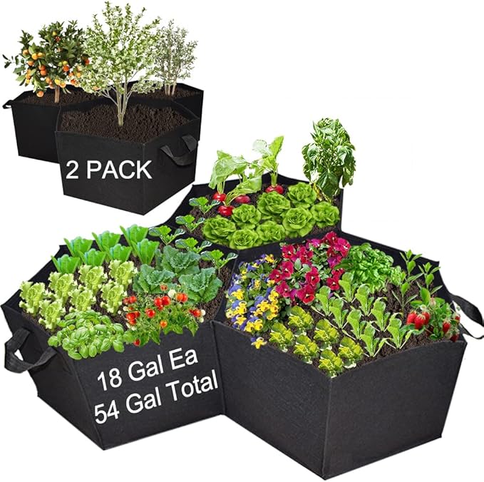 Large Fabric Raised Garden Bed Outdoor, Planter Raised Beds 3 Hexagonal Grids with Handles, Cloth Raised Garden Bed Grow Bags for Vegetables - 7x1ft (54 Gallon, 2 Pack)