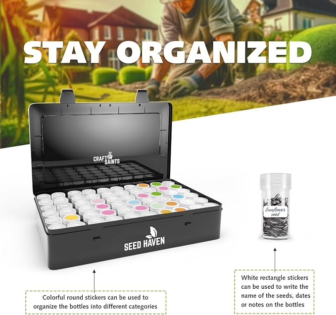 Seed Organizer Storage Box, Black Opaque Light Proof Seed Bank with 60 Transparent Bottles & Labels, Seed Holder Packet Organizer, Seed Vault Container for Homesteaders, Garden Tackle and Bead Sorter