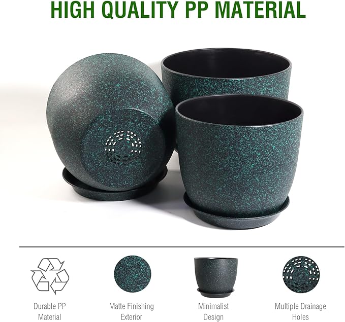 12/10/9 Large Modern Plant Pots, Plastic Planters with Drainage Holes and Saucers for Indoor Outdoor Plants Flowers, Black with Green Speckles