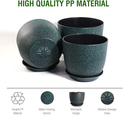12/10/9 Large Modern Plant Pots, Plastic Planters with Drainage Holes and Saucers for Indoor Outdoor Plants Flowers, Black with Green Speckles