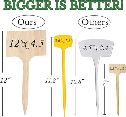 50-Pack 12" Extra-Tall Bamboo Garden Markers – Large Plant Labels for Herbs, Flowers and Vegetables – Easy-Read Full-Size Tags – Great Gift for Gardeners