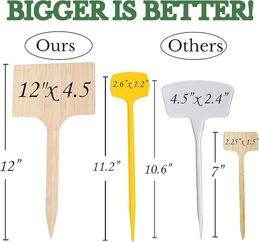 50-Pack 12" Extra-Tall Bamboo Garden Markers – Large Plant Labels for Herbs, Flowers and Vegetables – Easy-Read Full-Size Tags – Great Gift for Gardeners