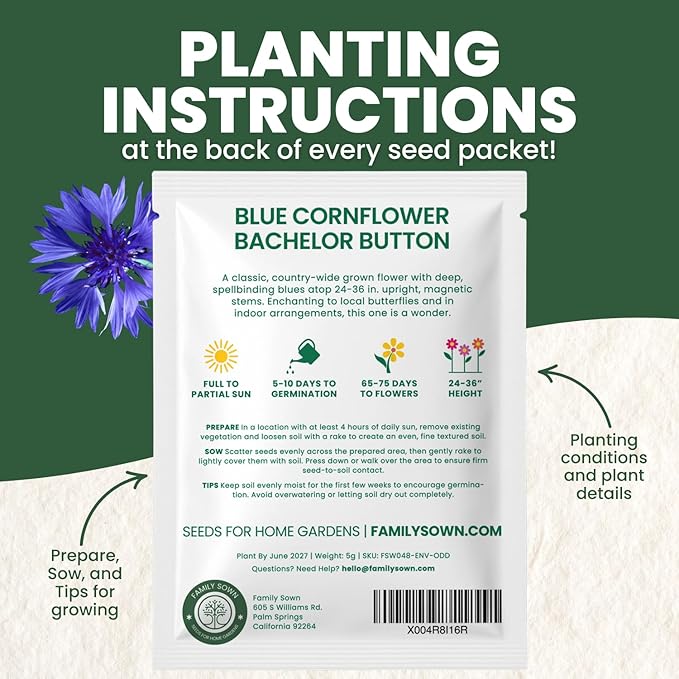 Blue Cornflower – 800 Seeds for Planting – 2026 Season – 5 Gram Pouch