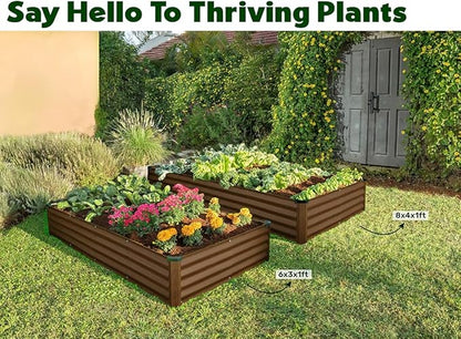 Plant & Plot Galvanized Raised Garden Beds Outdoor // 6×3×1 ft Planter Raised Beds for Gardening, Vegetables, Flowers (Dark Wood Grain) // Large Metal Garden Box // Patented Tool-Free Design
