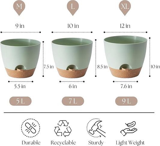 Plant Pots 12/10/9 inch Set of 3, Self Watering Flower Pots Indoor Outdoor, Planters with Drainage Hole Saucer Reservoir, Green