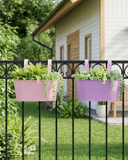 Railing planter box - 3 Pack Metal Hanging Flower Pots with Detachable Hooks & Drainage Holes, Window Oval Bucket Fence Hanging Planters for Outdoor Plants Garden Balcony Home Decor, Purple Pink Blue