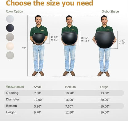 16" H x 20" D Globo Fiberstone Round Planter with Drainage Hole, Smooth Finishes, Weather Resistant for Indoor and Outdoor Use, Included 2 Extra Coco Mats (Black, 13.5" Pot Opening)