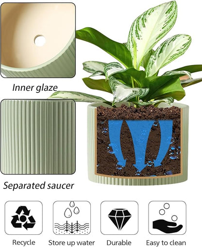 Ceramic Plant Pots, 8.1 + 6 Inch Planters for Indoor Plants, Modern Flower Pot for Plant with Drainage, Medium Cylinder Flower Pots for Indoor/Outdoor, House Plants, Matte Green