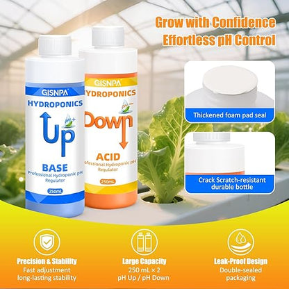 pH Down & pH Up for Hydroponics, pH Control Kit for Hydroponic Nutrients – 250ml pH Down and 250ml(8.45oz/250ml Each) pH Up with 2×50ml Beakers for Nutrient Water pH Adjustment