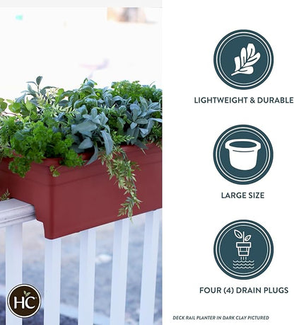 The HC Companies 24 Inch Deck Rail Planter Box with Drainage Plug, Lightweight UV-Resistant Plastic Outdoor Planters for Wood Deck Rail, Flower Box for Garden, Patio, Balcony, and Fence, Clay