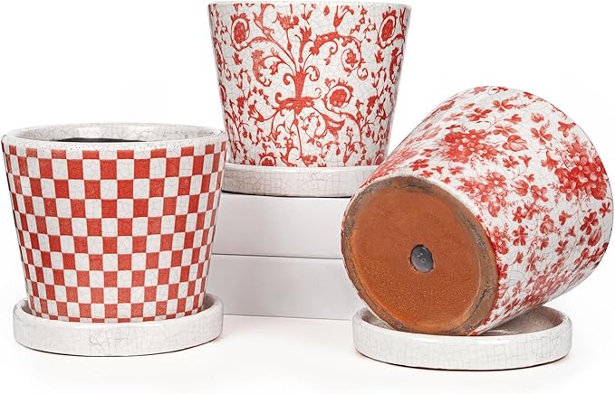 Set of 3 Pink Plant Pots, Small Flower Pots Round Planter Pot with Drainage Hole and Saucers Modern Ceramic Planters for Indoor Plants Succulents Cactus Orchid Garden 5.5 Inch Outdoor Plant Pot