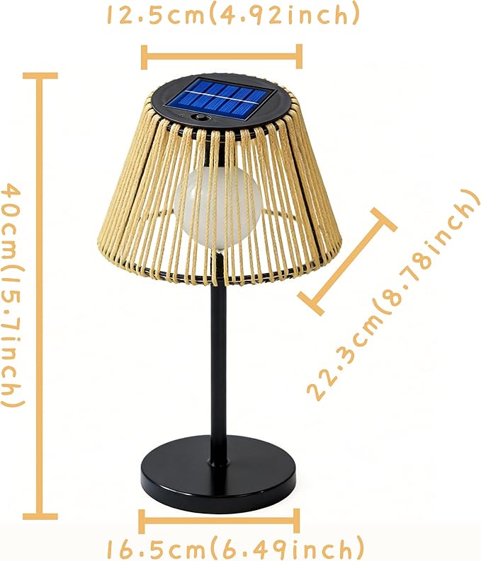 Solar Powered Table Lamp, Rattan Wicker Shade, Khaki Color, PP and Iron Material, Garden Courtyard Lawn Decor, 8.66 x 15.94 Inches