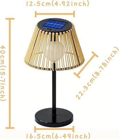 Solar Powered Table Lamp, Rattan Wicker Shade, Khaki Color, PP and Iron Material, Garden Courtyard Lawn Decor, 8.66 x 15.94 Inches
