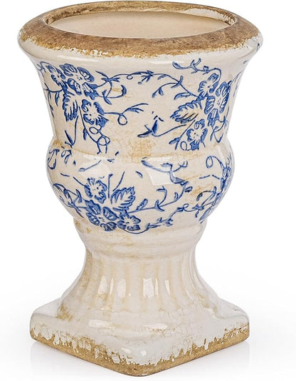 Sungmor Small Ceramic Urn Planter - Blue and White Floral Pedestal Flower Pot, Decorative Vintage Chinoiserie Style Planters, Tuscan Accent Vase Indoor Outdoor Plant Holder with Drainage