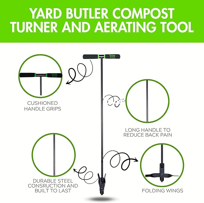 Yard Butler Compost Aerator, ICA-36- Lawn Care Tool for Aerating - Long-Handled - Power-Coated Steel Construction - Comfortable Cushioned Handles Garden Tool - Easy to Use