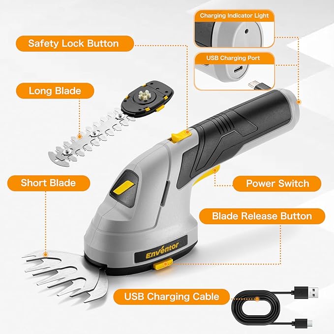 Enventor Cordless Hedge Trimmer and Grass Shear, 7.4V 2000mAh Lithium-ion Rechargeable Battery, 2-in-1 Handheld Electric Grass Trimmer, Small Hedge Cutter with 2 Interchangeable Blades