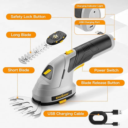 Enventor Cordless Hedge Trimmer and Grass Shear, 7.4V 2000mAh Lithium-ion Rechargeable Battery, 2-in-1 Handheld Electric Grass Trimmer, Small Hedge Cutter with 2 Interchangeable Blades
