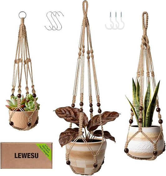 3 Pack Jute Macrame Plant Hanger Indoor 3 Different Sizes Hanging Planter Basket Flower Pot Holder with Wood Beads & No Tassels for Boho Home Decor, 23, 30, 35 Inch, Brown (Pot Not Included)