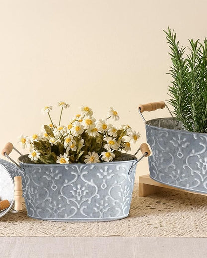 Galvanized Metal Oval Planter Buckets with Handles – Set of 3 Rustic Farmhouse Flower Tubs with Drain Holes & Plugs, Vintage Small Pots for Herbs, Succulents, Wedding or Tabletop Decor (Flower style)