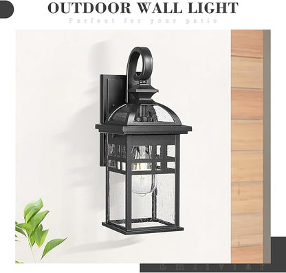 Emliviar Farmhouse 15 Inch Outdoor Wall Sconce, 1-Light Outdoor House Lights with Seeded Glass, Black Finish, DE281B BK