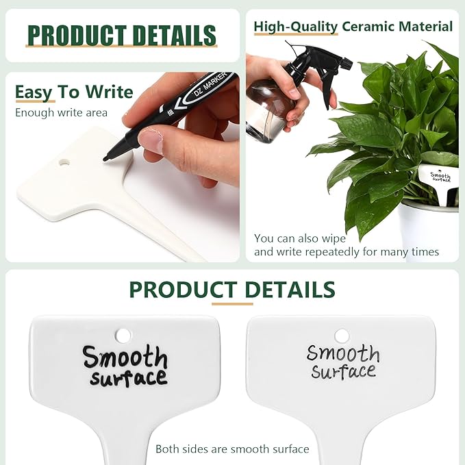 20 Pcs Ceramic Plant Labels 3.9 x 2.4 Inch Plant T Type Tags Waterproof Nursery Garden Marker Signs with Marker Pen for Outdoor Garden Flower Herb Pot