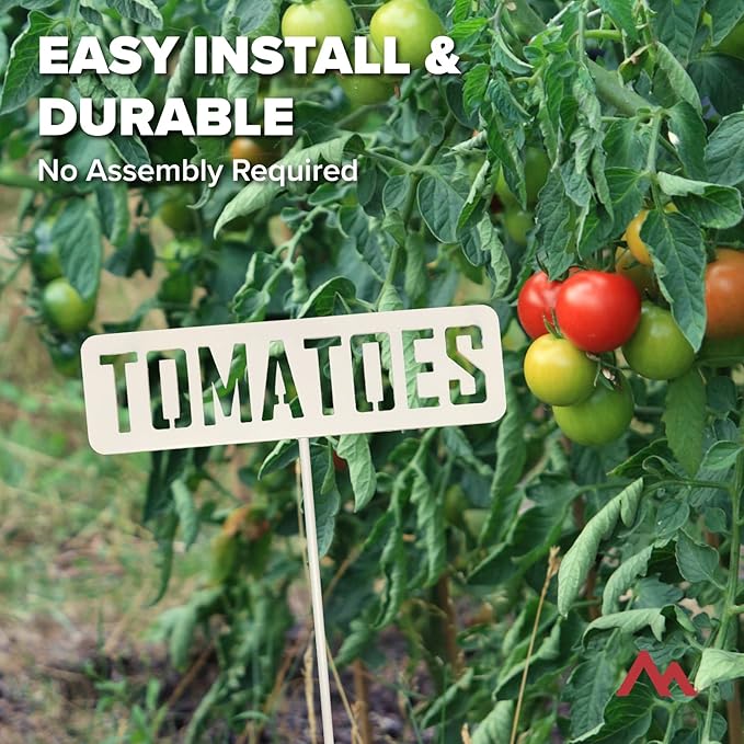 14” Tall Tomatoes White Powder Coated Steel Garden Plant Label Sign Durable Stake for Vegetable Herb Growing Yard Greenhouse for Outdoor Gift Made in USA