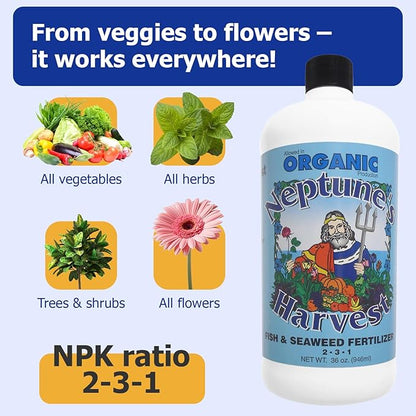 Neptune's Harvest Fish & Seaweed Liquid Fertilizer (2-3-1) - 36oz Bottle - Plant Food for Garden - Indoor & Outdoor Organic Plant Fertilizer for Vegetables, Flowers, Fruit, Trees & Lawns
