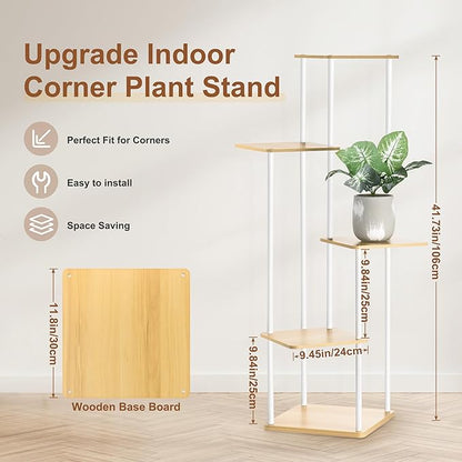 5 Tier Plant Stand Indoor Outdoor, Wood Metal Corner Shelf, Multiple Flower Pot Rack Holder Shelves, Planter Shelf Display Storage Organizer for Patio Living Room Balcony (White)