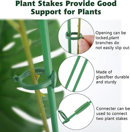 30 Pcs Adjustable Plant Support Stakes Garden Single Stem Support Stake Plant Cage Support Rings with Plant Clips and Connect Pipe for Orchid Rose Tomato, 12 Inch